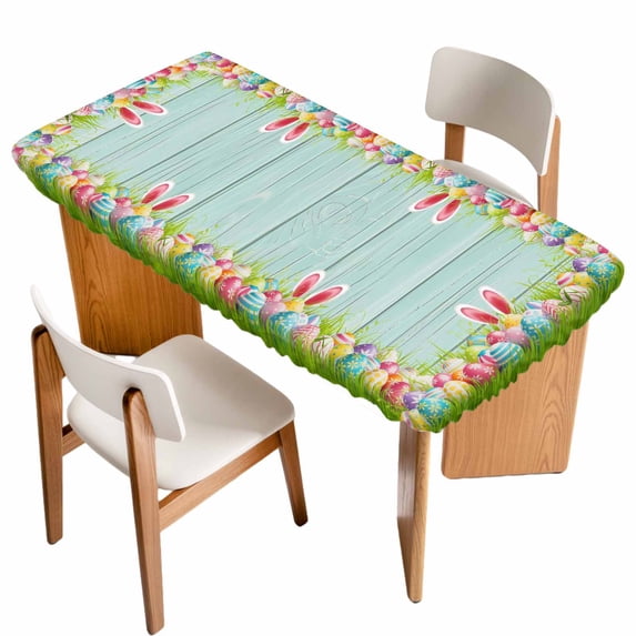 Easter Table Cloths for 5 Foot Rectangle Tables, Spring Rabbit Ears Colorful Eggs Wooden Grian Patio Waterproof Elastic Fitted Tablecloths, Washable Rectangular Table Cover for Camping