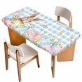 thumbnail image 1 of Easter Table Cloths for 5 Foot Rectangle Tables, Spring Rabbit Eggs Seasonal Flowers Blue Lattice Patio Waterproof Elastic Fitted Tablecloths, Washable Rectangular Table Cover for Camping, 1 of 8