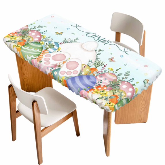Easter Table Cloths for 5 Foot Rectangle Tables, Spring Rabbit Feet Eggs Botanical Flowers Butterfly Patio Waterproof Elastic Fitted Tablecloths, Washable Rectangular Table Cover for Camping
