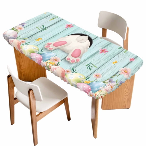 Easter Table Cloths for 5 Foot Rectangle Tables, Spring Rabbit Feet Eggs Flower Green Wooden Grain Patio Waterproof Elastic Fitted Tablecloths, Washable Rectangular Table Cover for Camping
