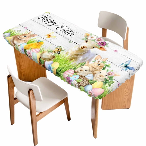 Easter Table Cloths for 5 Foot Rectangle Tables, Spring Sheep Bunny Duck Plants Wooden Grain Patio Waterproof Elastic Fitted Tablecloths, Washable Rectangular Table Cover for Camping