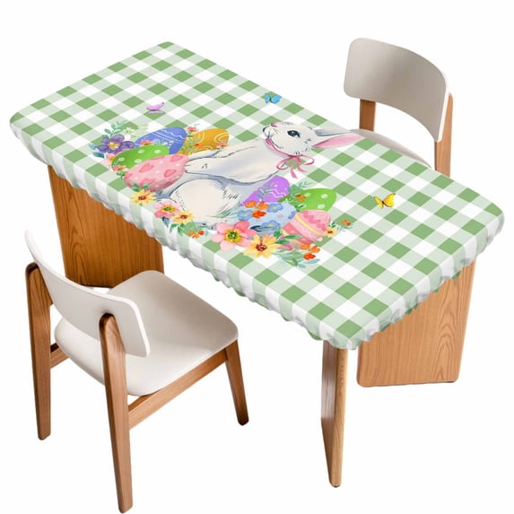 Easter Table Cloths for 5 Foot Rectangle Tables, Spring Watercolor Bunny Eggs Butterflies Green Plaid Patio Waterproof Elastic Fitted Tablecloths, Washable Rectangular Table Cover for Camping
