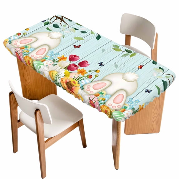 Easter Table Cloths for 5 Foot Rectangle Tables, Spring Watercolor Eggs Tulip Wooden Grain Teal Patio Waterproof Elastic Fitted Tablecloths, Washable Rectangular Table Cover for Camping