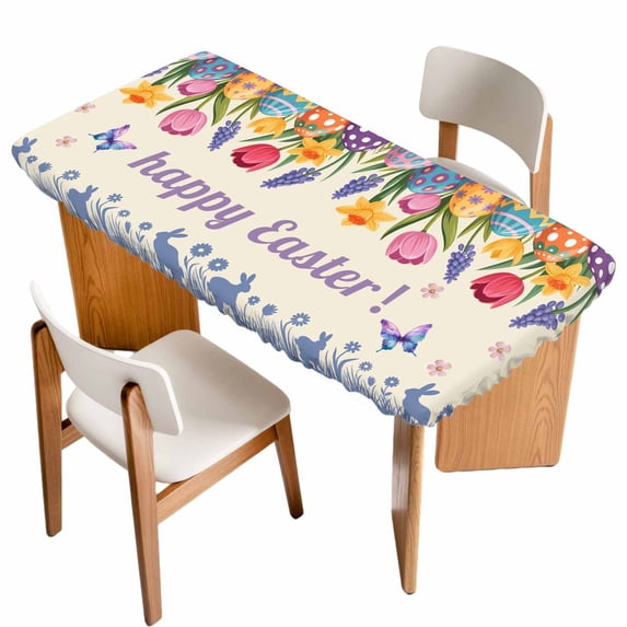 Easter Table Cloths for 5 Foot Rectangle Tables, Tulip Flowers Spring Easter Egg Bunny Butterfly Beige Patio Waterproof Elastic Fitted Tablecloths, Washable Rectangular Table Cover for Camping