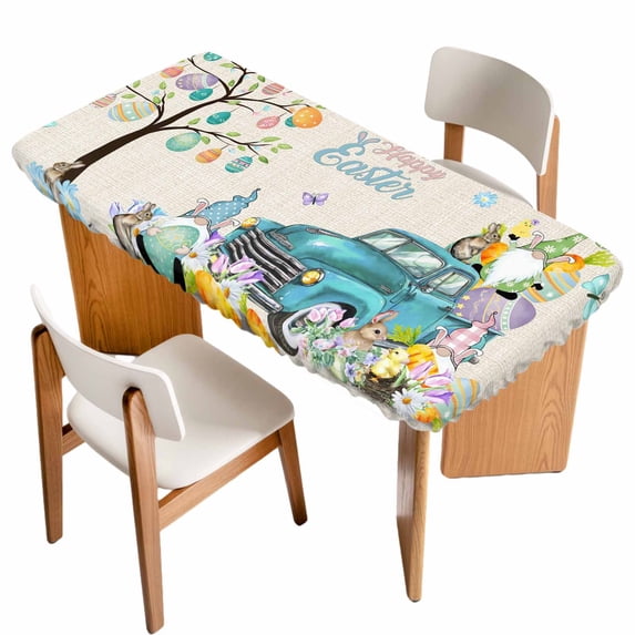 Easter Table Cloths for 5 Foot Rectangle Tables, Turquoise Truck Colorful Eggs Tree Gnomes Rabbit Patio Waterproof Elastic Fitted Tablecloths, Washable Rectangular Table Cover for Camping