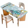 thumbnail image 1 of Easter Table Cloths for 5 Foot Rectangle Tables, Turquoise Truck Eggs Gnomes Rabbit Wooden Grain Patio Waterproof Elastic Fitted Tablecloths, Washable Rectangular Table Cover for Camping, 1 of 8