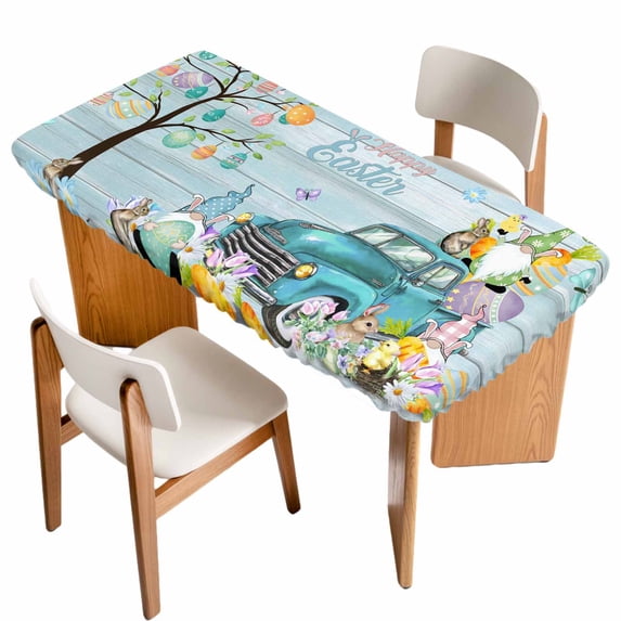 Easter Table Cloths for 5 Foot Rectangle Tables, Turquoise Truck Eggs Gnomes Rabbit Wooden Grain Patio Waterproof Elastic Fitted Tablecloths, Washable Rectangular Table Cover for Camping