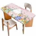 thumbnail image 1 of Easter Table Cloths for 6 Foot Rectangle Tables, Country Rabbit Feet Eggs Leaves Pink Wooden Grain Patio Waterproof Elastic Fitted Tablecloths, Washable Rectangular Table Cover for Camping, 1 of 8