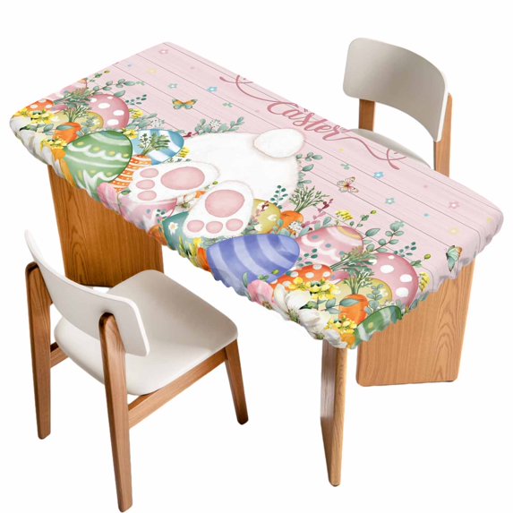 Easter Table Cloths for 6 Foot Rectangle Tables, Country Rabbit Feet Eggs Leaves Pink Wooden Grain Patio Waterproof Elastic Fitted Tablecloths, Washable Rectangular Table Cover for Camping