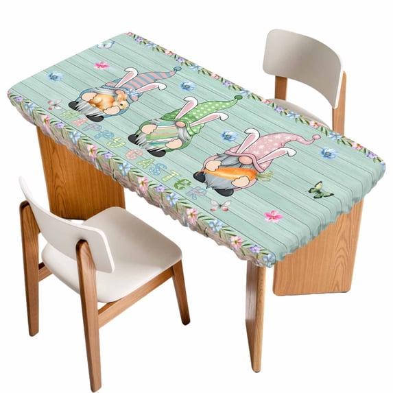 Easter Table Cloths for 6 Foot Rectangle Tables, Farmhouse Gnomes Rabbits Eggs Wooden Grain Patio Waterproof Elastic Fitted Tablecloths, Washable Rectangular Table Cover for Camping