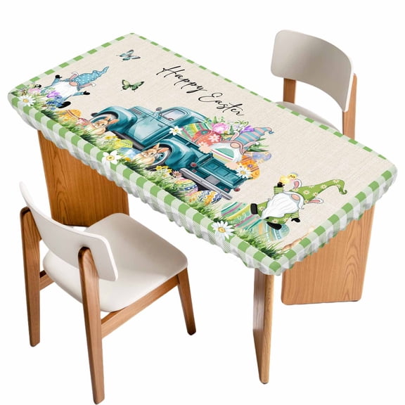 Easter Table Cloths for 6 Foot Rectangle Tables, Green Plaid Blue Truck Eggs Bunny Rustic Patio Waterproof Elastic Fitted Tablecloths, Washable Rectangular Table Cover for Camping