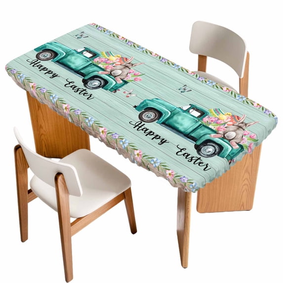Easter Table Cloths for 6 Foot Rectangle Tables, Green Truck Rabbit Duck Butterfly Floral Wooden Patio Waterproof Elastic Fitted Tablecloths, Washable Rectangular Table Cover for Camping