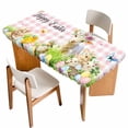 thumbnail image 1 of Easter Table Cloths for 6 Foot Rectangle Tables, Rabbit Sheep Eggs Butterfly Flowers Pink Grid Patio Waterproof Elastic Fitted Tablecloths, Washable Rectangular Table Cover for Camping, 1 of 8