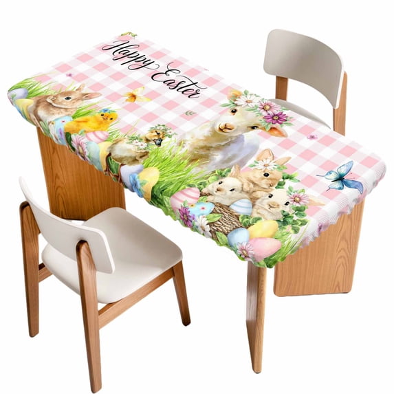 Easter Table Cloths for 6 Foot Rectangle Tables, Rabbit Sheep Eggs Butterfly Flowers Pink Grid Patio Waterproof Elastic Fitted Tablecloths, Washable Rectangular Table Cover for Camping