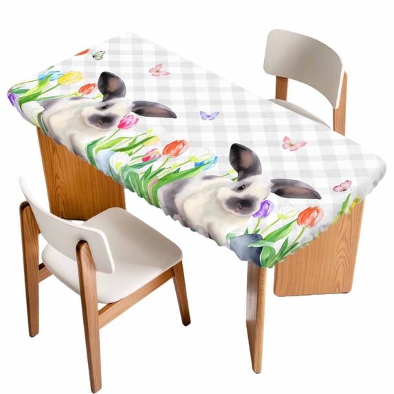Easter Table Cloths for 6 Foot Rectangle Tables, Spring Botanical Rabbit Butterfly Floral Grey Plaid Patio Waterproof Elastic Fitted Tablecloths, Washable Rectangular Table Cover for Camping