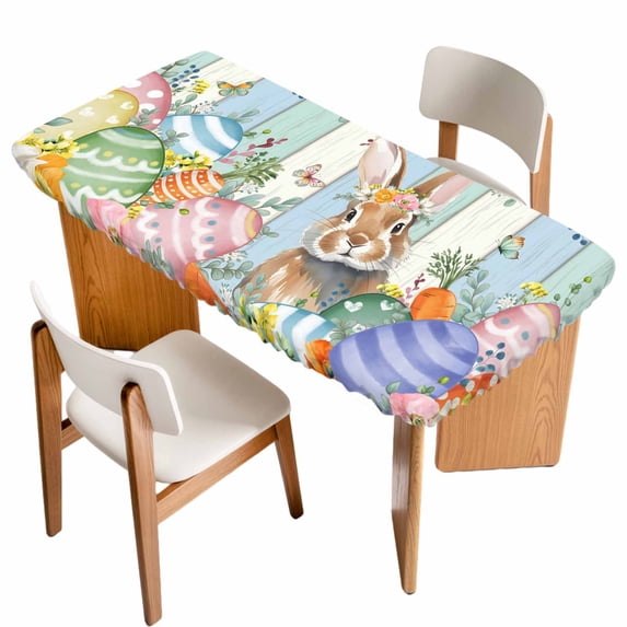 Easter Table Cloths for 6 Foot Rectangle Tables, Spring Bunny Colorful Floral Eggs Wooden Plank Patio Waterproof Elastic Fitted Tablecloths, Washable Rectangular Table Cover for Camping