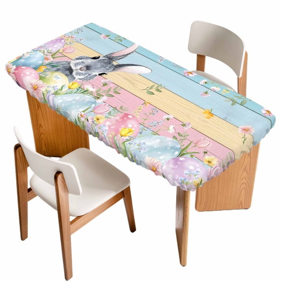 Easter Table Cloths for 6 Foot Rectangle Tables, Spring Bunny Eggs Flowers Colorful Wooden Grain Patio Waterproof Elastic Fitted Tablecloths, Washable Rectangular Table Cover for Camping