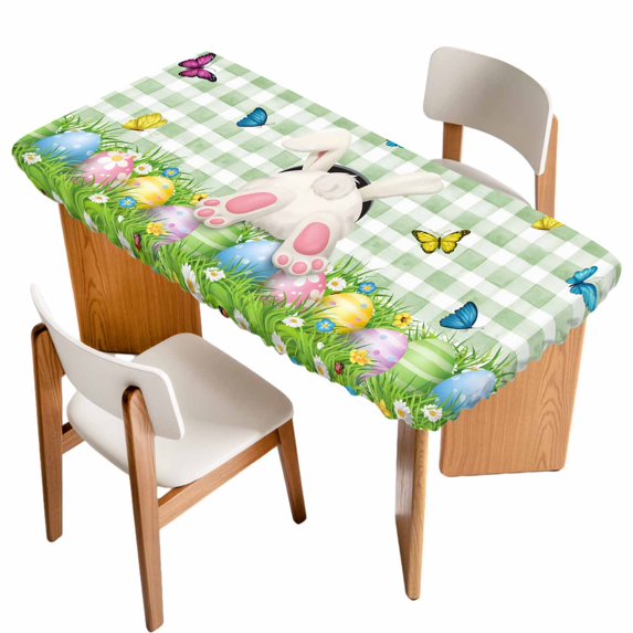 Easter Table Cloths for 6 Foot Rectangle Tables, Spring Colorful Easter Eggs Bunny Butterfly Green Patio Waterproof Elastic Fitted Tablecloths, Washable Rectangular Table Cover for Camping