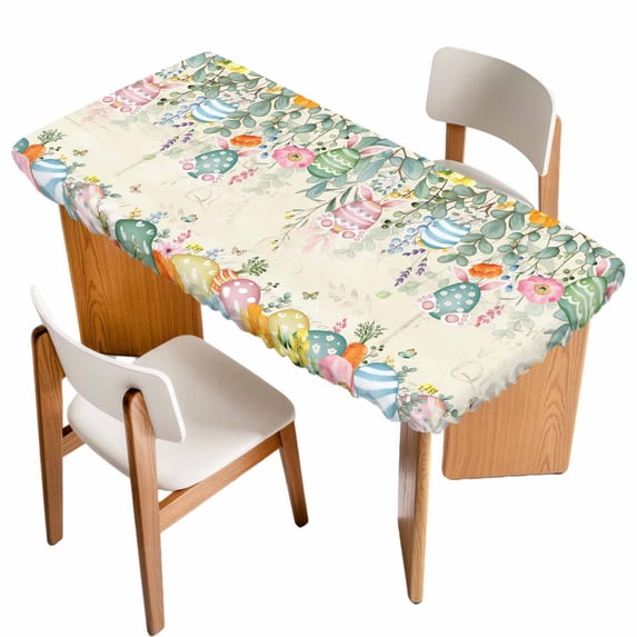 Easter Table Cloths for 6 Foot Rectangle Tables, Spring Colorful Eggs Eucalyptus Leaves Floral Patio Waterproof Elastic Fitted Tablecloths, Washable Rectangular Table Cover for Camping