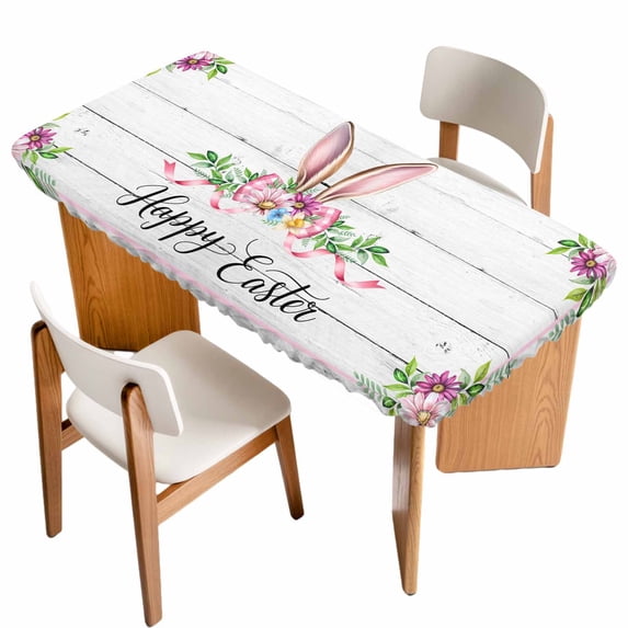 Easter Table Cloths for 6 Foot Rectangle Tables, Spring Farmhouse Watercolor Bunny Flower Wood Grain Patio Waterproof Elastic Fitted Tablecloths, Washable Rectangular Table Cover for Camping