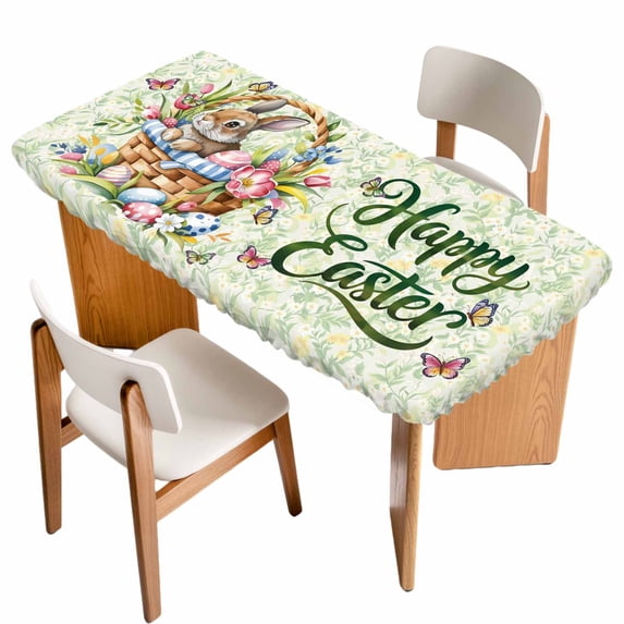 Easter Table Cloths for 6 Foot Rectangle Tables, Spring Floral Easter Eggs Bunny Tulip Butterfly Patio Waterproof Elastic Fitted Tablecloths, Washable Rectangular Table Cover for Camping