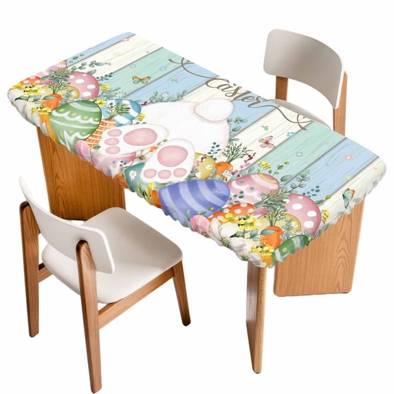 Easter Table Cloths for 6 Foot Rectangle Tables, Spring Rabbit Ears Foot Flowers Eggs Green Wooden Patio Waterproof Elastic Fitted Tablecloths, Washable Rectangular Table Cover for Camping