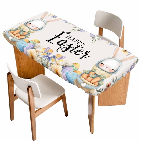 Easter Table Cloths for 6 Foot Rectangle Tables, Spring Watercolor Bunny Carrots Eggs Flowers Beige Patio Waterproof Elastic Fitted Tablecloths, Washable Rectangular Table Cover for Camping