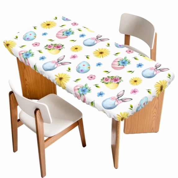Easter Table Cloths for 6 Foot Rectangle Tables, Spring Watercolor Bunny Eggs Daisy Flowers Patio Waterproof Elastic Fitted Tablecloths, Washable Rectangular Table Cover for Camping