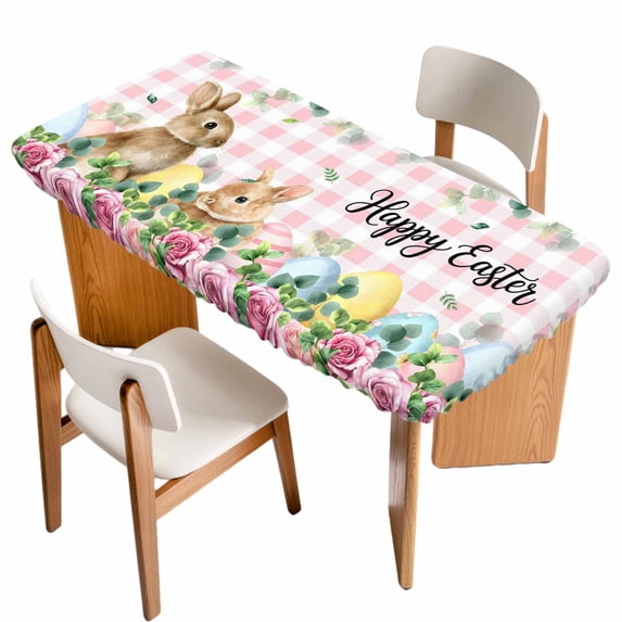 Easter Table Cloths for 6 Foot Rectangle Tables, Spring Watercolor Bunny Eggs Flower Leaf Pink Plaid Patio Waterproof Elastic Fitted Tablecloths, Washable Rectangular Table Cover for Camping