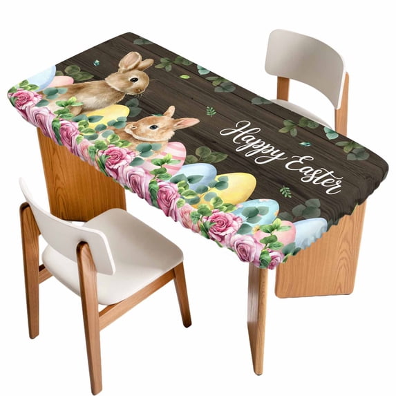 Easter Table Cloths for 6 Foot Rectangle Tables, Spring Watercolor Bunny Eggs Flower Leaf Wood Grain Patio Waterproof Elastic Fitted Tablecloths, Washable Rectangular Table Cover for Camping