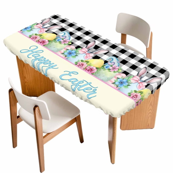 Easter Table Cloths for 6 Foot Rectangle Tables, Spring Watercolor Bunny Eggs Flowers Black Plaid Patio Waterproof Elastic Fitted Tablecloths, Washable Rectangular Table Cover for Camping