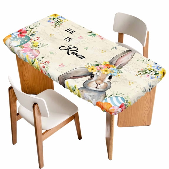 Easter Table Cloths for 6 Foot Rectangle Tables, Spring Watercolor Vintage Bunny Eggs Flower Patio Waterproof Elastic Fitted Tablecloths, Washable Rectangular Table Cover for Camping