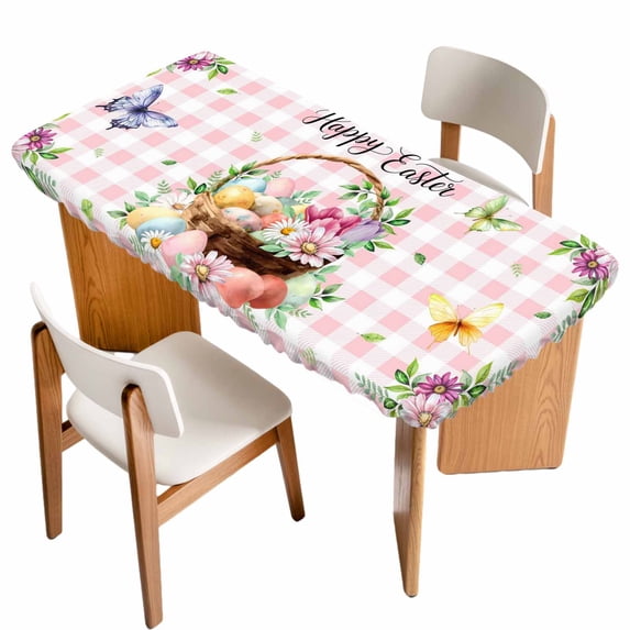 Easter Table Cloths for 6 Foot Rectangle Tables, Watercolor Eggs Floral Botanical Butterfly Pink Plaid Patio Waterproof Elastic Fitted Tablecloths, Washable Rectangular Table Cover for Camping