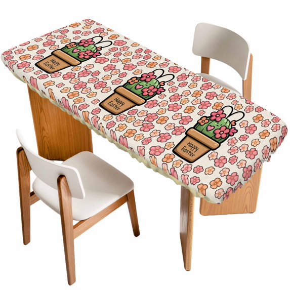 Easter Table Cloths for 8 Foot Rectangle Tables, Bunny Ears Spring Pink Flowers Potted Plant Rustic Patio Waterproof Elastic Fitted Tablecloths, Washable Rectangular Table Cover for Camping