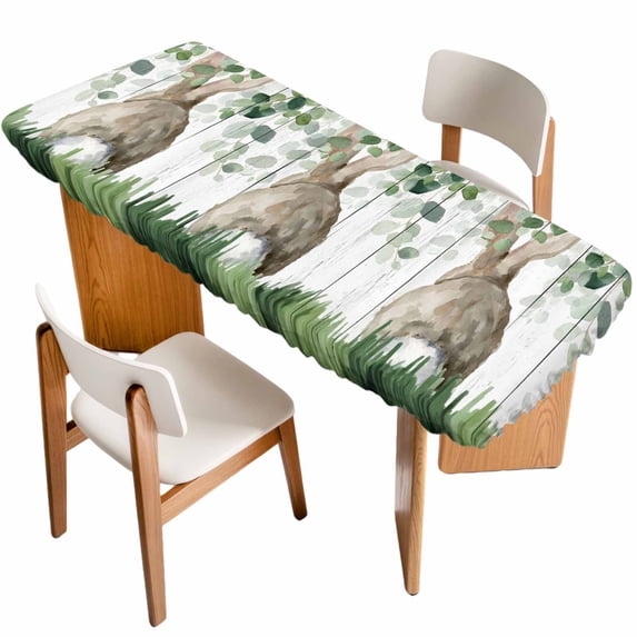Easter Table Cloths for 8 Foot Rectangle Tables, Country Rabbit Botanical Leaves Wooden Grain Patio Waterproof Elastic Fitted Tablecloths, Washable Rectangular Table Cover for Camping