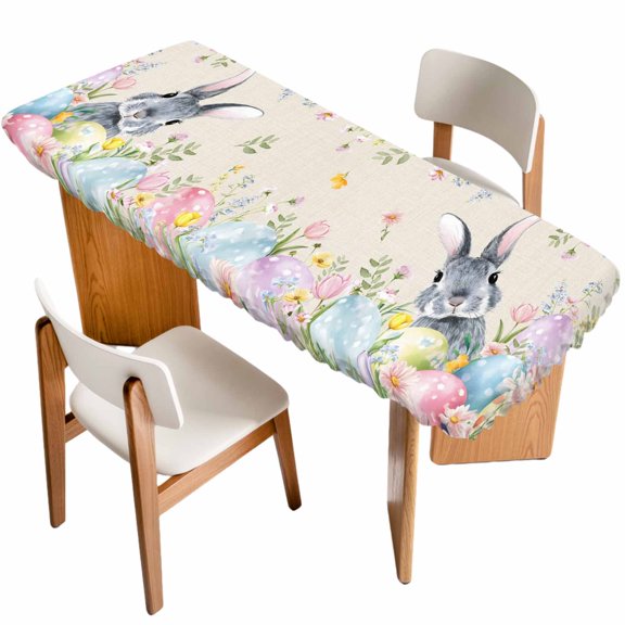 Easter Table Cloths for 8 Foot Rectangle Tables, Country Rabbit Eggs Botanical Flowers Leaves Patio Waterproof Elastic Fitted Tablecloths, Washable Rectangular Table Cover for Camping