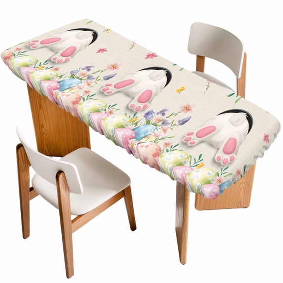 Easter Table Cloths for 8 Foot Rectangle Tables, Country Spring Rabbit Feet Eggs Botanical Flowers Patio Waterproof Elastic Fitted Tablecloths, Washable Rectangular Table Cover for Camping