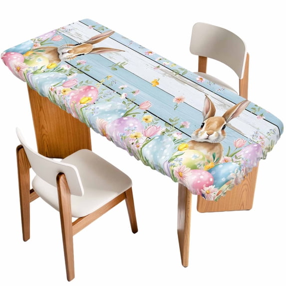 Easter Table Cloths for 8 Foot Rectangle Tables, Farmhouse Spring Rabbit Eggs Flowers Wooden Board Patio Waterproof Elastic Fitted Tablecloths, Washable Rectangular Table Cover for Camping