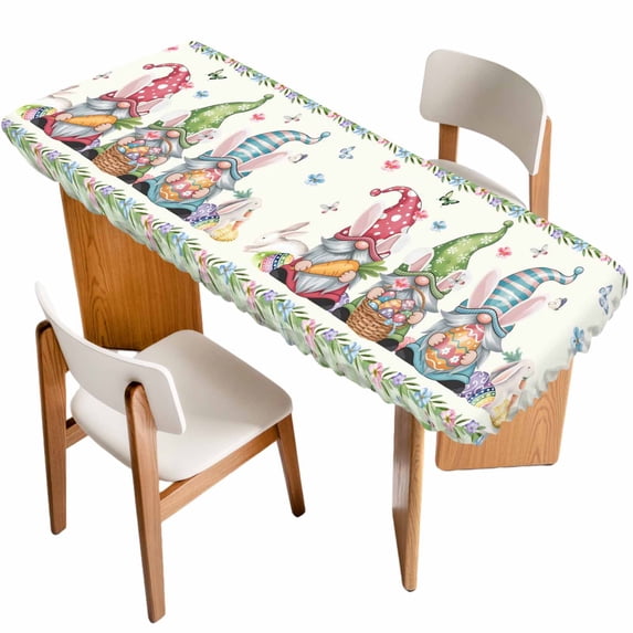 Easter Table Cloths for 8 Foot Rectangle Tables, Funny Bunny Ear Gnomes Colorful Eggs Flowers Plaid Patio Waterproof Elastic Fitted Tablecloths, Washable Rectangular Table Cover for Camping