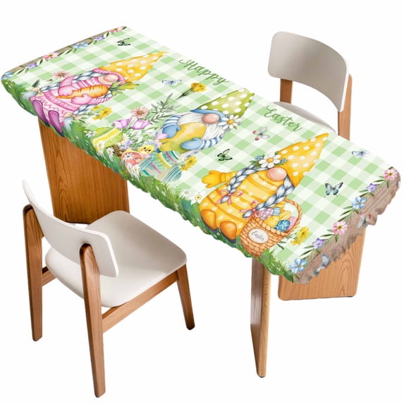 Easter Table Cloths for 8 Foot Rectangle Tables, Gnomes Flowers Duck Eggs Green Lattice Wooden Patio Waterproof Elastic Fitted Tablecloths, Washable Rectangular Table Cover for Camping