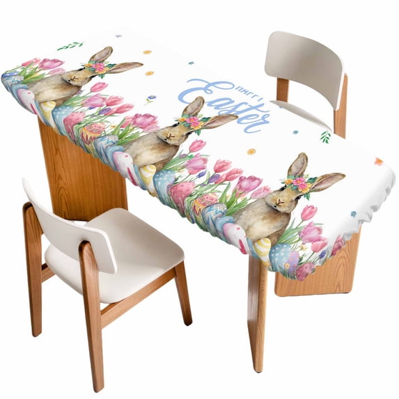 Easter Table Cloths for 8 Foot Rectangle Tables, Pink Tulip Flowers Spring Watercolor Bunny Floral Patio Waterproof Elastic Fitted Tablecloths, Washable Rectangular Table Cover for Camping