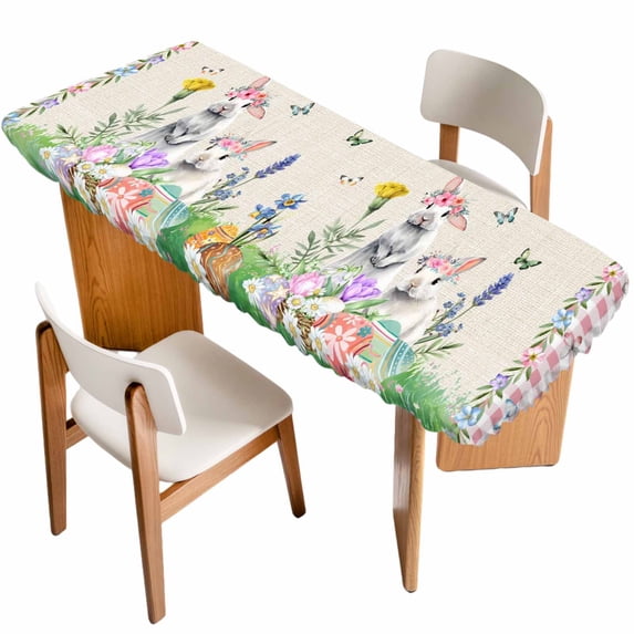 Easter Table Cloths for 8 Foot Rectangle Tables, Spring Bunny Botanical Flowers Herbs Eggs Plaid Patio Waterproof Elastic Fitted Tablecloths, Washable Rectangular Table Cover for Camping
