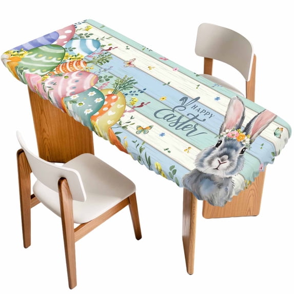 Easter Table Cloths for 8 Foot Rectangle Tables, Spring Bunny Easter Eggs Floral Beige Green Wood Patio Waterproof Elastic Fitted Tablecloths, Washable Rectangular Table Cover for Camping