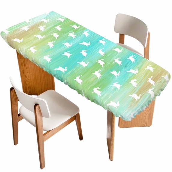 Easter Table Cloths for 8 Foot Rectangle Tables, Spring Bunny Silhouette Blue Green Gradient Patio Waterproof Elastic Fitted Tablecloths, Washable Rectangular Table Cover for Camping