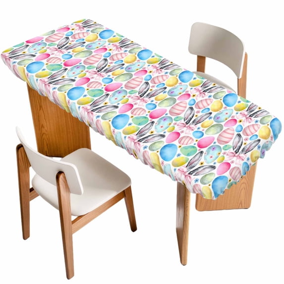 Easter Table Cloths for 8 Foot Rectangle Tables, Spring Cute Colorful Eggs Bunny Flower Plant Patio Waterproof Elastic Fitted Tablecloths, Washable Rectangular Table Cover for Camping