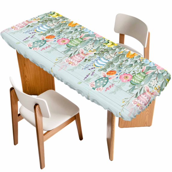 Easter Table Cloths for 8 Foot Rectangle Tables, Spring Eggs Eucalyptus Branch Floral Wooden Patio Waterproof Elastic Fitted Tablecloths, Washable Rectangular Table Cover for Camping