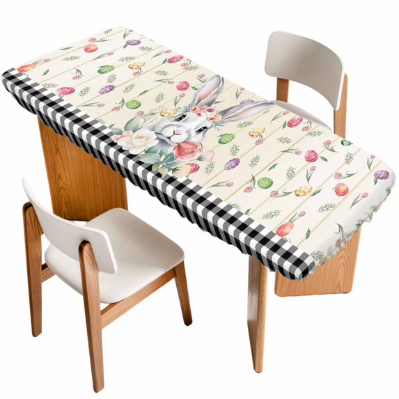 Easter Table Cloths for 8 Foot Rectangle Tables, Spring Farmhouse Bunny Eggs Flower Black Plaid Patio Waterproof Elastic Fitted Tablecloths, Washable Rectangular Table Cover for Camping
