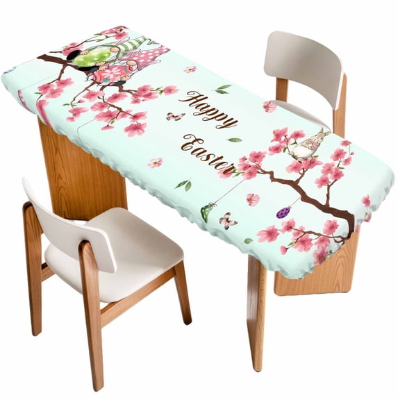 Easter Table Cloths for 8 Foot Rectangle Tables, Spring Gnomes Blossoms Flowers Colorful Eggs Patio Waterproof Elastic Fitted Tablecloths, Washable Rectangular Table Cover for Camping