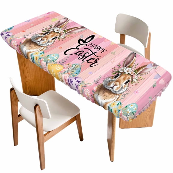 Easter Table Cloths for 8 Foot Rectangle Tables, Spring Rabbit Eggs Flowers Flags Leaves Wood Grain Patio Waterproof Elastic Fitted Tablecloths, Washable Rectangular Table Cover for Camping