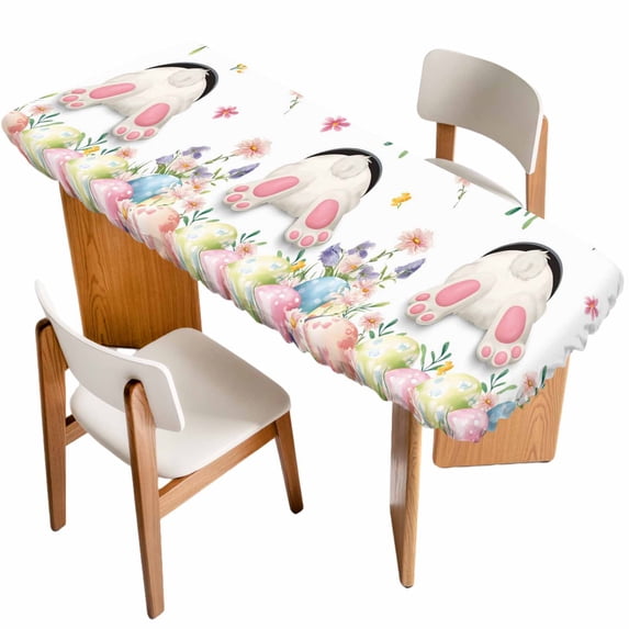 Easter Table Cloths for 8 Foot Rectangle Tables, Spring Rabbit Feet Eggs Botanical Blooms Flowers Patio Waterproof Elastic Fitted Tablecloths, Washable Rectangular Table Cover for Camping